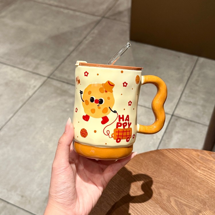 Inswind encantador toast taza de paja con tapa de cerámica taza de oficina de niñas taza de agua taza de alto valor facial taza