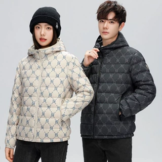 90鸭绒羽绒服情侣新品短款2024秋冬连帽时尚印花男女同款轻暖外套