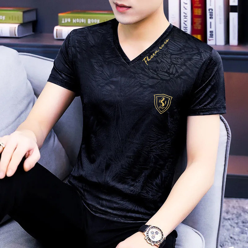 New summer men's short-sleeved T-shirt ice silk V-neck top casual loose thin top versatile quick-drying breathable