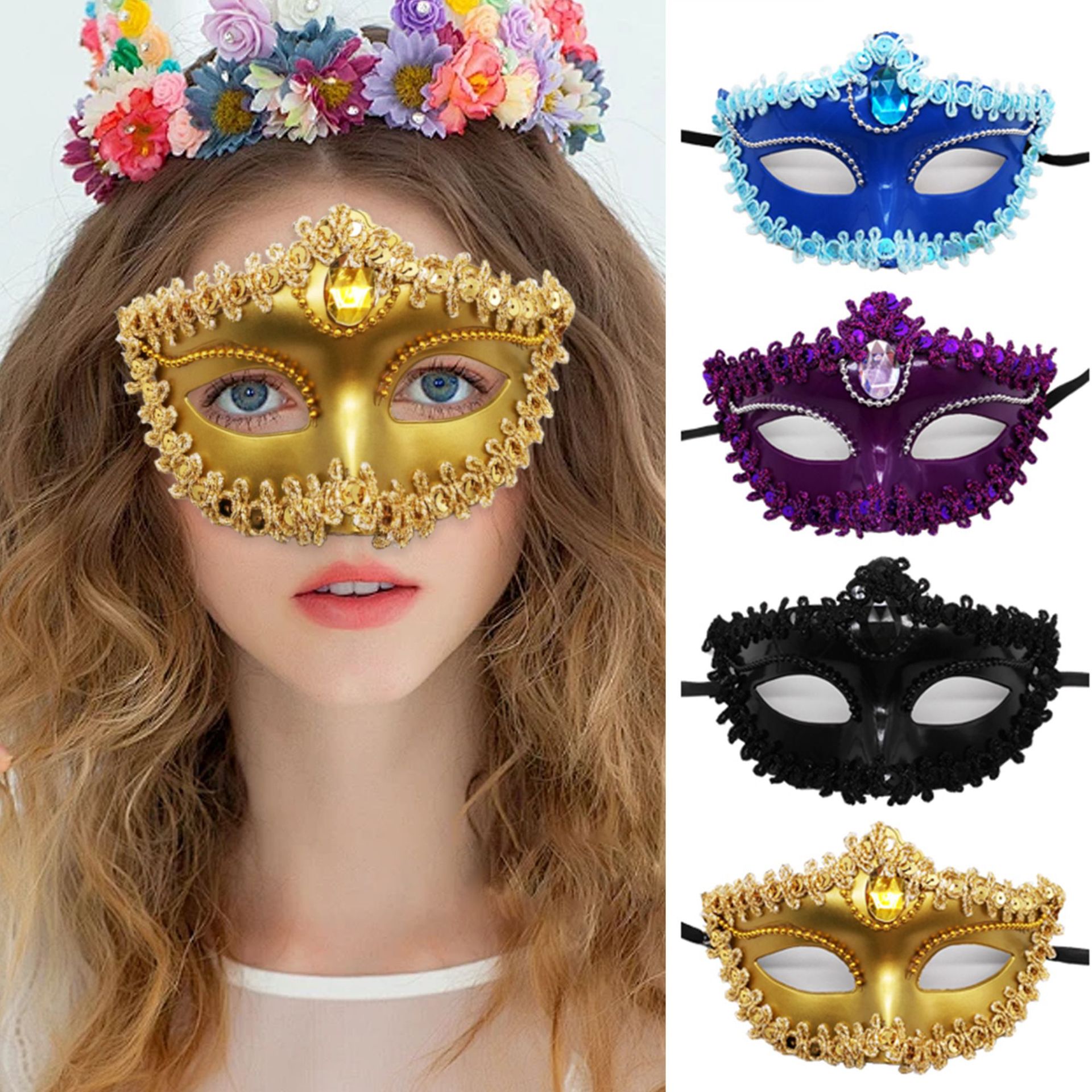 Amazon ventas calientes de diamantes de chispa eléctrica pintada princesa máscara de Halloween ballet damas máscara de ojos al por mayor