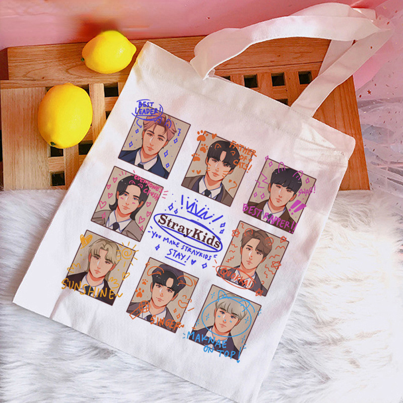 Transfronteriza Venta caliente Stray Kids Skzoo periférico impreso lienzo bolsa de hombro bolsa plegable bolso de compras