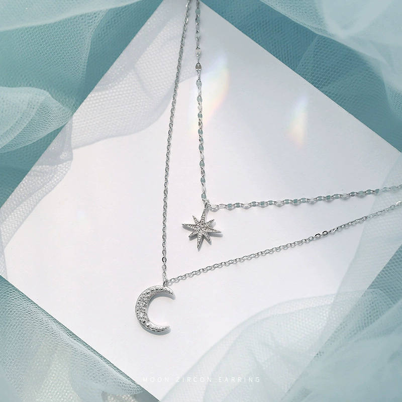 Necklace Brand, silver chain with moon & star pendants, Korean light-luxury design, 8×5.8 cm