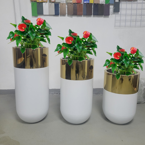 Gold-plated round drum-shaped stainless steel planter pot vessel European and American gold hotel planter production