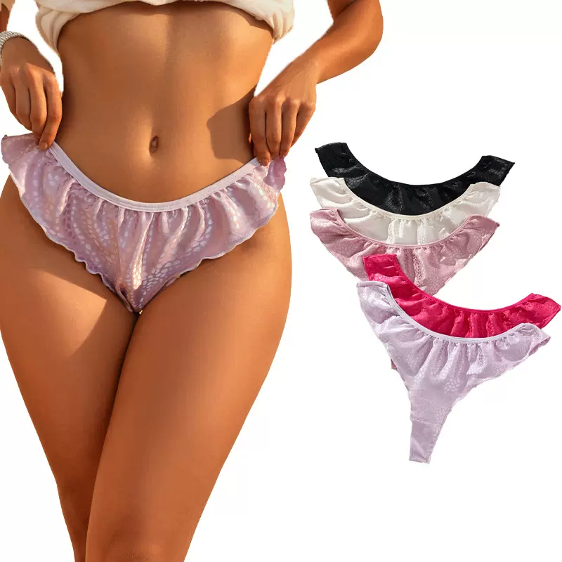欧美辣妹粉嫩色系木耳边无缝弹力女士内裤丁字裤性感撩人纯棉底裆