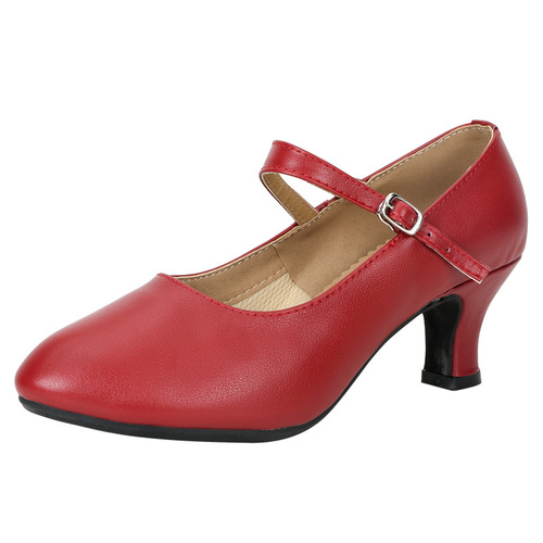 Genuine leather Latin dance shoes for women, medium and high heels, new dance shoes, soft sole square dance shoes, cowhide dance shoes, red