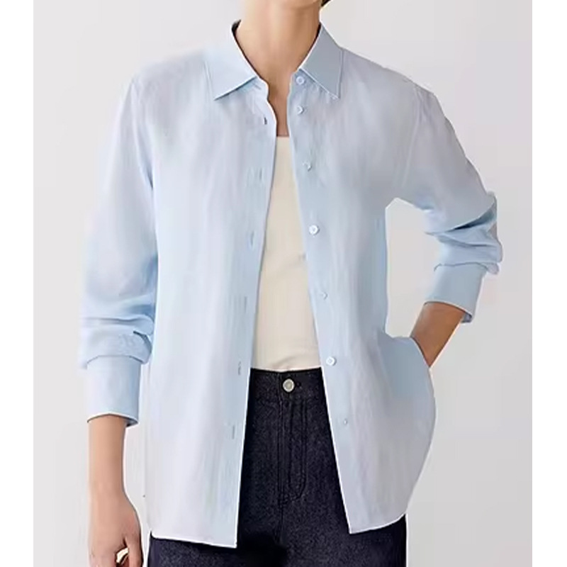 [Il Order] Women's 2026 Summer New Linen Plain Shirt with Turn-Down Collar, Long Sleeve, Casual Versatile Top