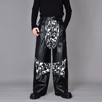 Tide Brand Dark Perspecture Nittle Дизайн Сшитый принт прямые брюки осень-зима парикмахер свободная повседневная кожаные брюки ПУ