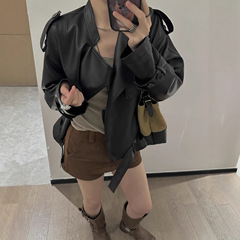 高级感欧美时尚杂志风经典翻领机车皮衣女2025秋季新款宽松PU夹克