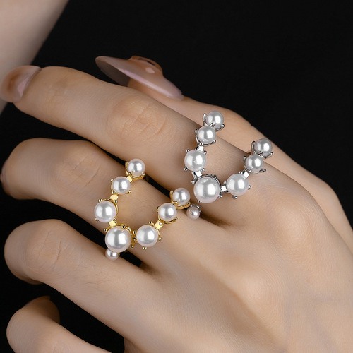 Open ring for women, sweet, fresh, synthetic pearl double-layer hand jewelry, custom-made, looking for factory live copper ring, live mouth