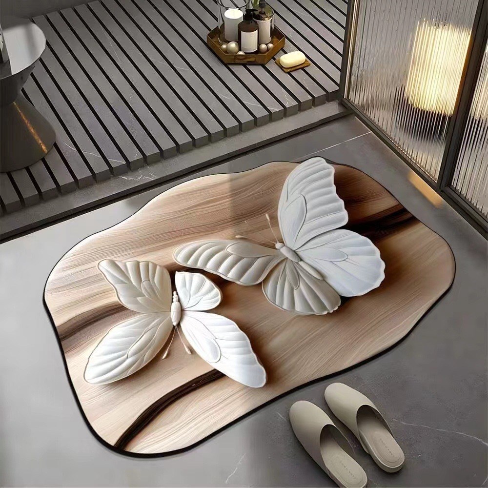 Visual 3D Flower Butterfly Diatom Mud Floor Mat Home Bathroom Non-Slip Absorbent Foot Mat Entrance Easy Care Foot Mat