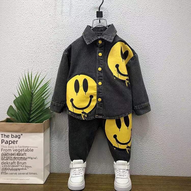 男童牛仔笑臉套裝新款1-3歲2寶寶襯衣兩件套嬰兒童裝小童春秋洋氣