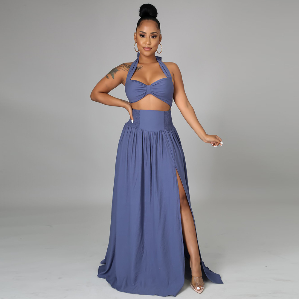 Halter Short Top Pleated Half-Length Slit Long Skirt Set NSCYF68190