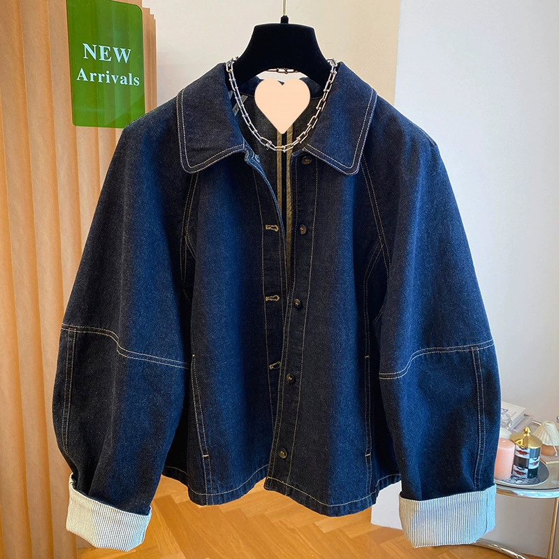 Retro dark blue denim autumn jacket, Korean style, oversize
