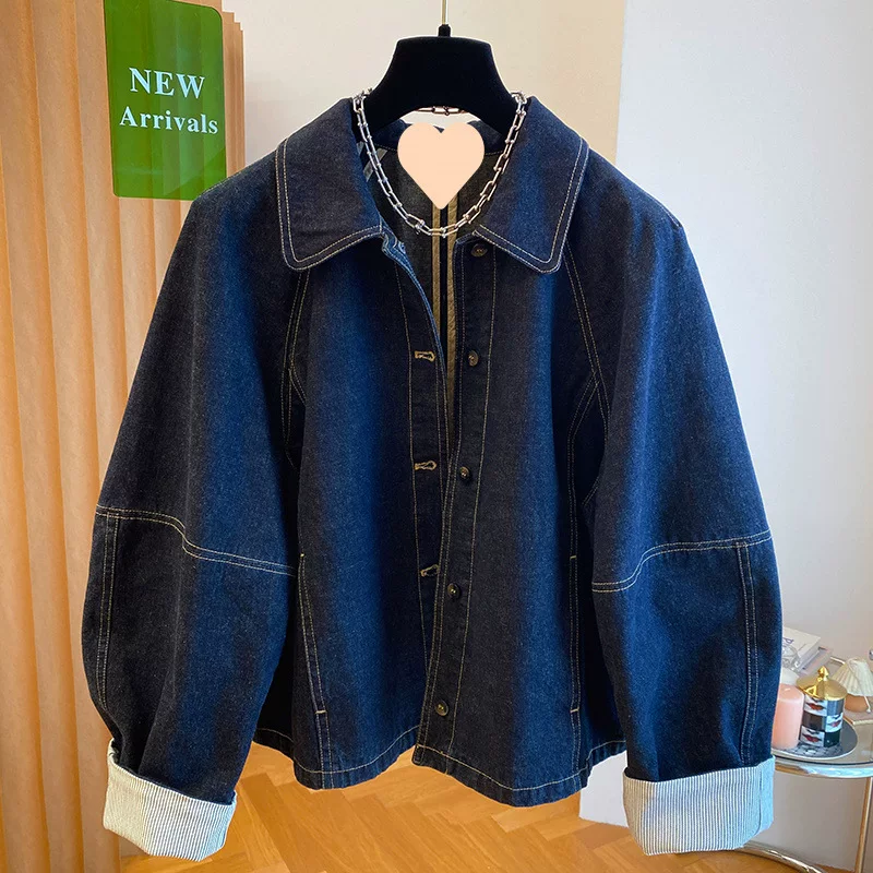 Retro dark blue denim autumn jacket, Korean style, oversize