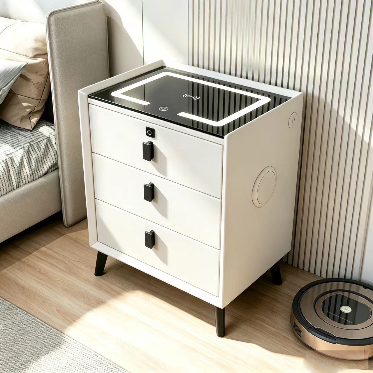 Three-Draw Smart Bedside Table Wireless Charging Bluetooth Audio Fingerprint Lock Bedroom Multi-Functional Small Popular Bedside Table
