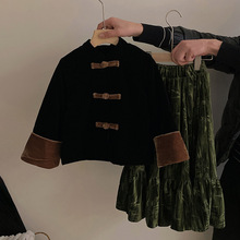 新中式盘扣套装女童2023秋冬丝绒外套洋气拼接半身裙儿童两件套