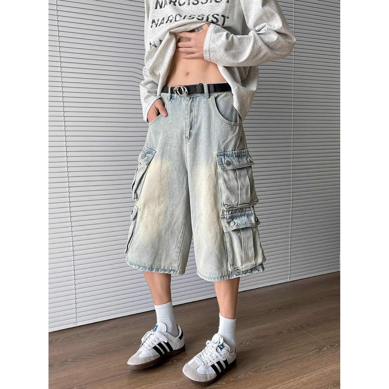 Washed Multi-Pocket Cargo Denim Shorts Men Summer American Retro Loose Casual Distressed Wide-Leg Cropped Pants