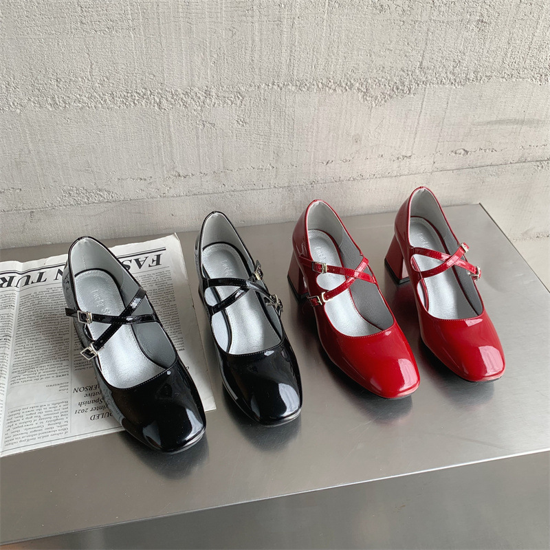 Mary Jane – talons hauts épais à Double sangle pour femmes, simples, à tête carrée, petits rouges, saison printemps et automne 2024_voghion.com