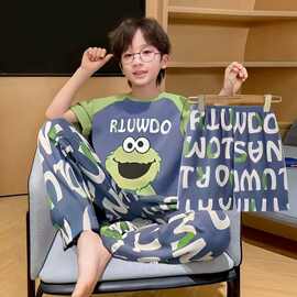 夏天三件套儿童睡衣男童睡衣薄款短袖裤套装男孩卡通中大童家居服