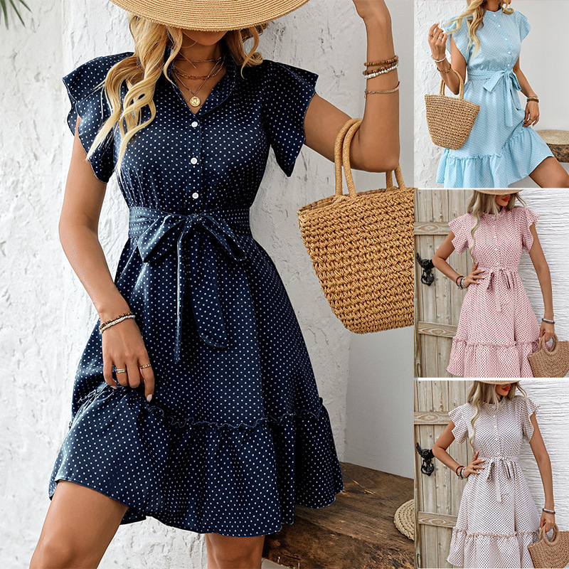 Ruihu Cross-Border Vacation Style Dress 2025 Summer European and American Elegant Lotus Leaf Short-Sleeved Lace-Up A-Line Skirt for Women
