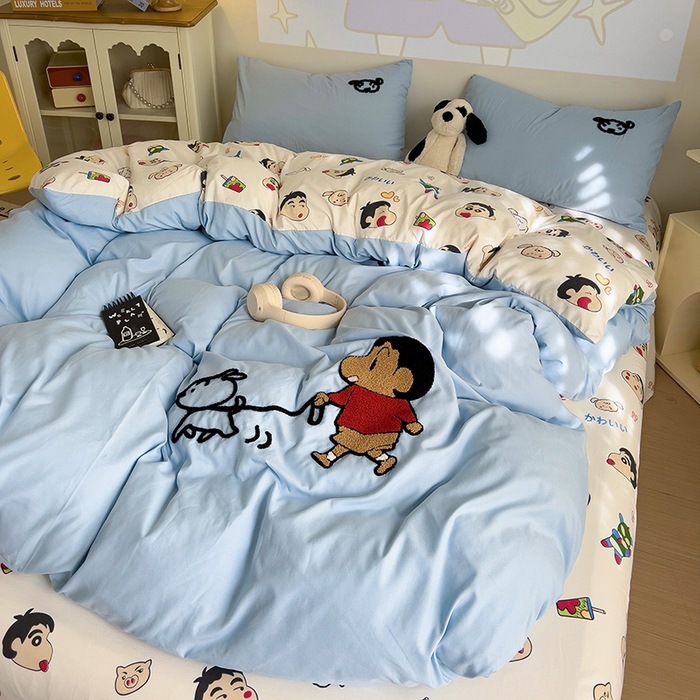 漫画かわいいタオル刺繍洗浄綿ベッド 4 点セット 2025 新しいキルトカバー学生寮のベッドシーツ 3 点セット|undefined