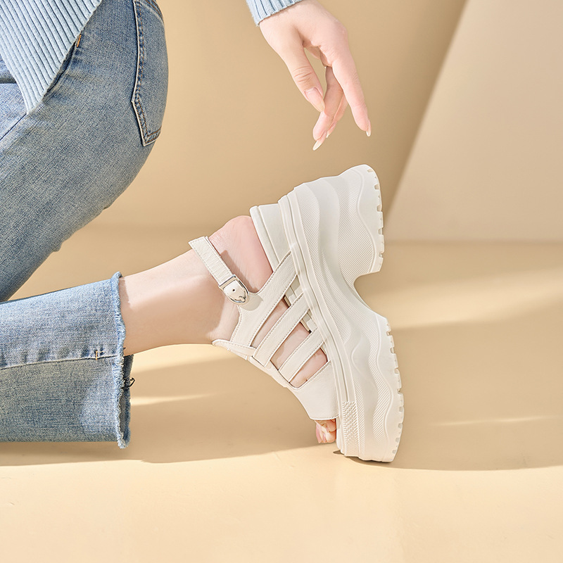 Sandal cao gót nữ da thật mũi hở gót platform 12cm — màu đen, màu trắng ngà