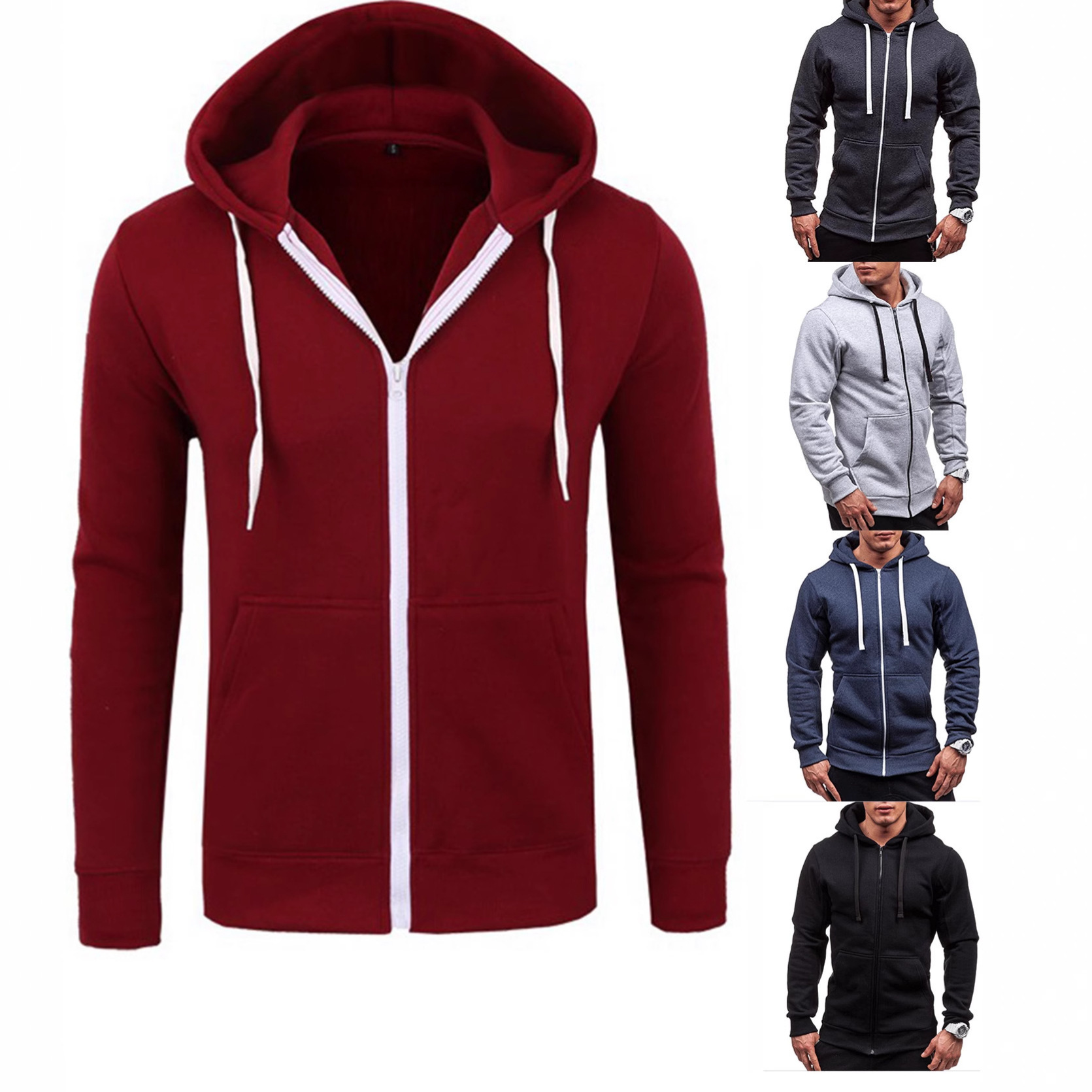 Cross-Border Men's Spring and Autumn Casual Fashion Solid Color Sweatshirt Men's Long-Sleeved Sports Hooded Top Zipper Cardigan Sweatshirt Men