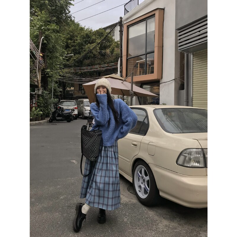 韩系百搭甜美纯色圆领长袖毛针织衫春秋新款格纹毛呢半身裙套装女|undefined