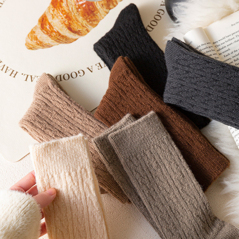 Brown wool socks women's autumn and winter vintage loafers fleece-lined thick mid-calf length socks solid color warm confinement socks
