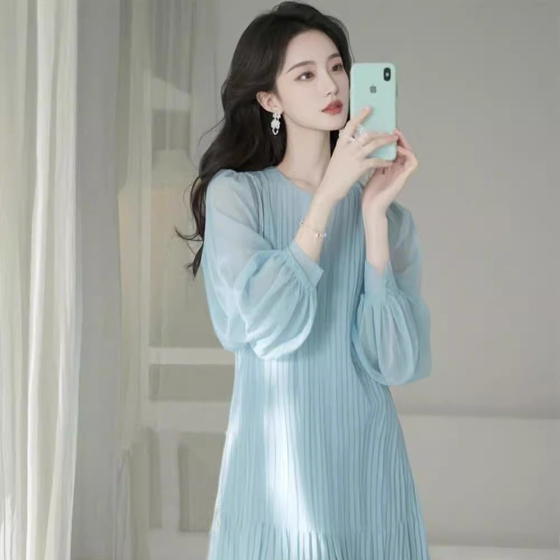 French temperament socialite goddess fan dress high-end exquisite high-class super good-looking gentle wind blue dress trend