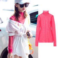 2022戚薇明星同款打底衫女透视网纱冰丝内搭紧身荧光绿防晒上衣新