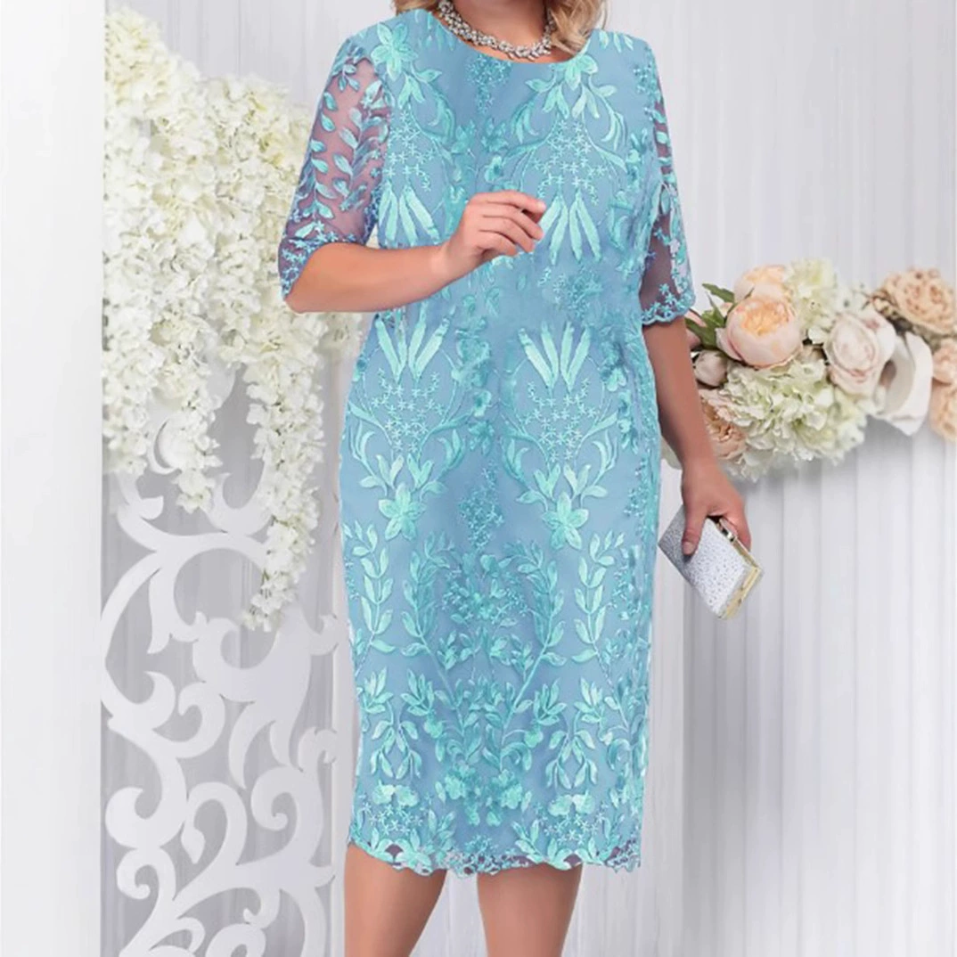 Европа и США трансграничный весенне-летний сезон Новое женское платье больших размеров, Вышитое кружевное тонкое коктейльное платье с вышивкой