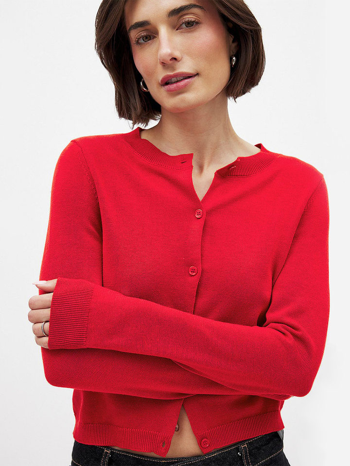 Áo cardigan dệt kim nữ cổ tròn tay dài mỏng nhẹ mặc trong — kaki, màu xanh hải quân