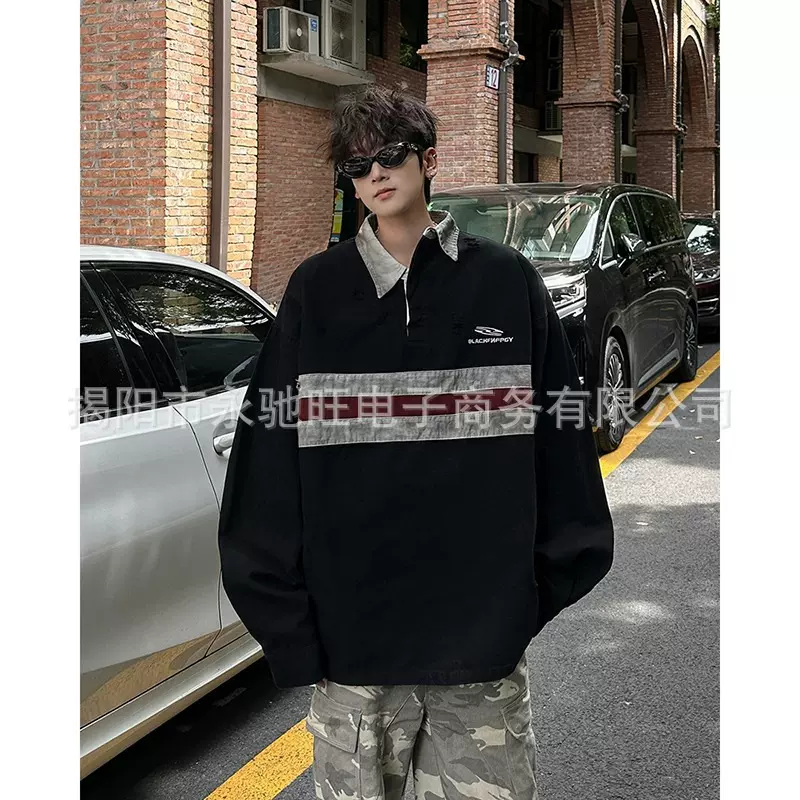 美式复古时尚潮流撞色拼接不规则设计POLO领衬衫男女宽松撞色上衣