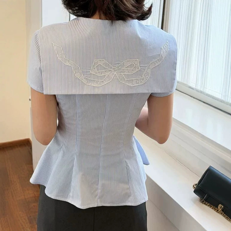 Lace Embellished Navy Blue and White Striped Short Sleeve Shirt for Women with Lace Bow Embroidery Lace Embellished Navy Blue and White Striped Short Sleeve Shirt for Women with Lace Bow Embroidery