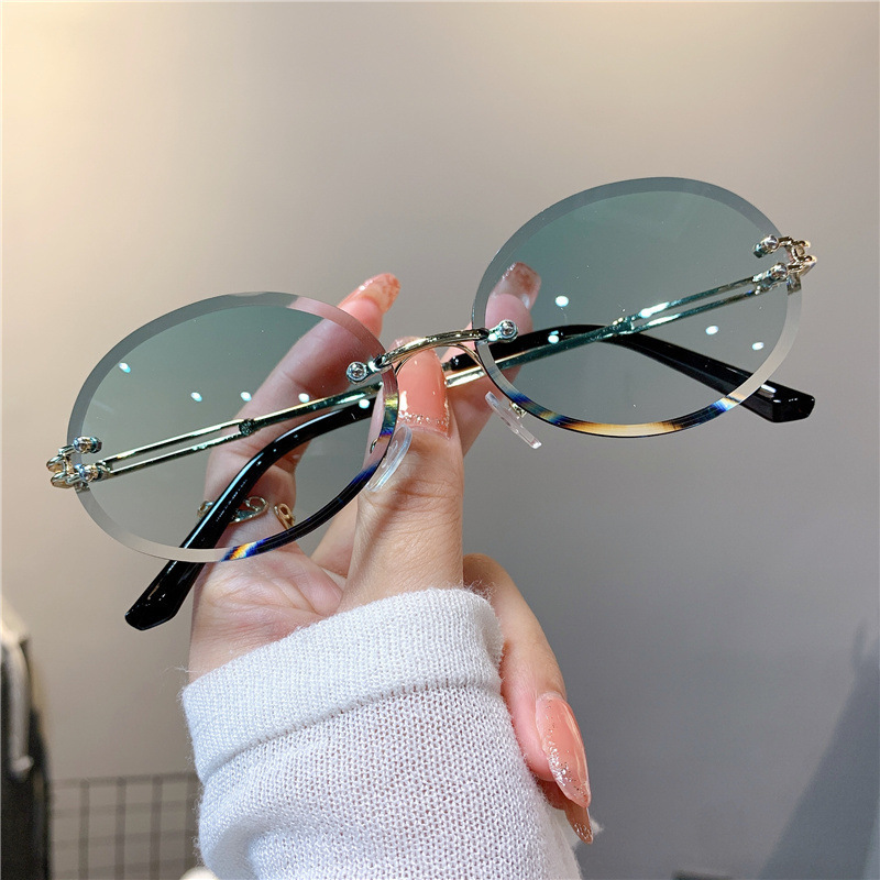 Cross-Border New Style Women's Oval Sunglasses, Trendy Gradient Color Rimless Cut-Edge Fashion Glasses