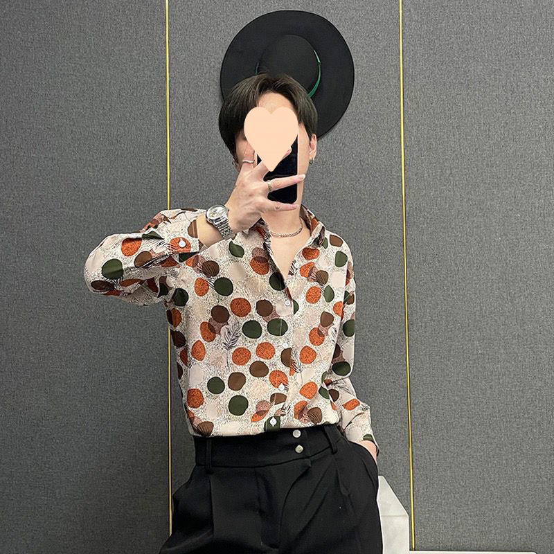 Men's Spring and Summer Colorful Polka Dot Classic Long Sleeve Shirt, Gangster Print Collared Shirt, Slim Fit Trendy Men