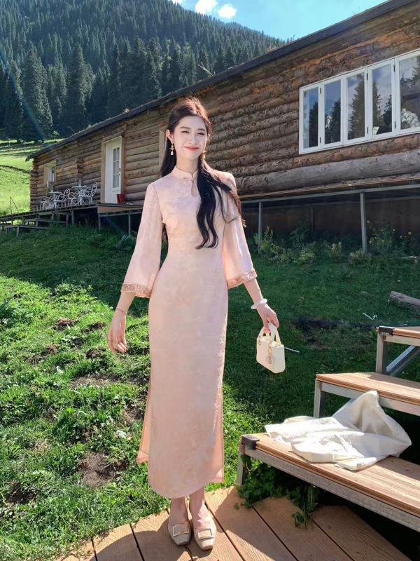 凌茜恣禾【甜月香】新中式珠光提花改良旗袍女早秋长袖镂空连衣裙|undefined