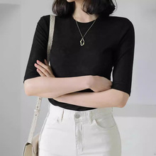 特价莱赛尔天丝正肩短袖T恤女秋季显瘦圆领五分袖上衣中袖面膜T薄