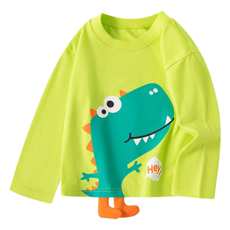 Ropa para niños transfronterizos, dibujos animados de primavera para niños, cuello redondo, camiseta de manga larga, camisa de fondo, niño de moda, dinosaurio tridimensional, cabello de una pieza