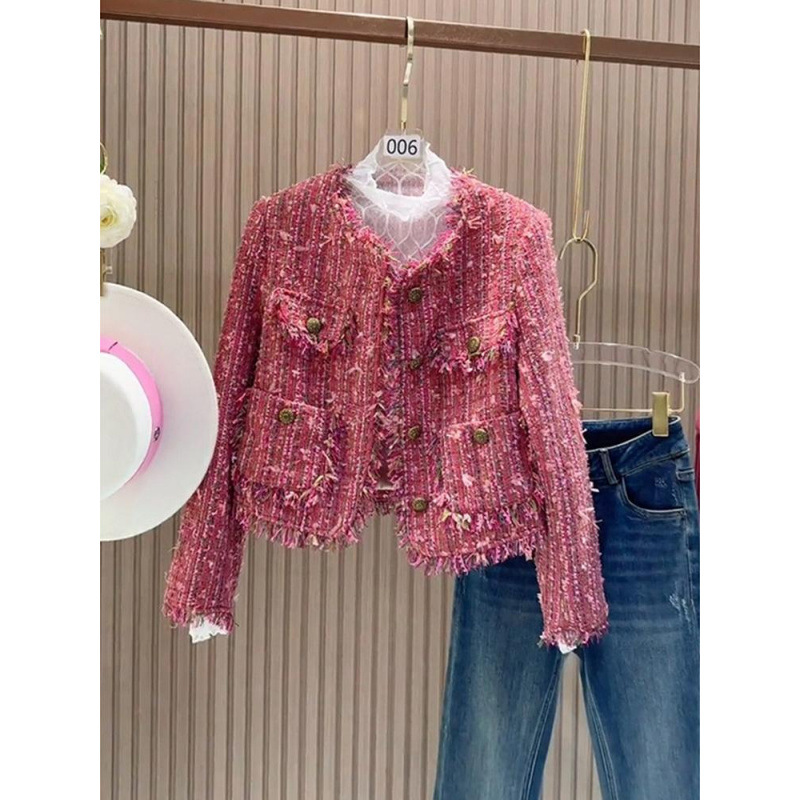 Rose Red Tweed Chanel Style Coat Women's Autumn and Winter 2024 New French Style New Style Small Outer Wear Top