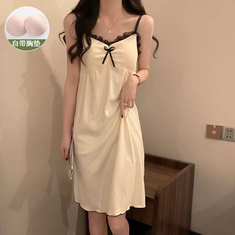 Летняя ночная рубашка-бретелька для женщин с нагрудными подушечками, модное студенческое кружевное абрикосовое домашнее платье для сна на лето.