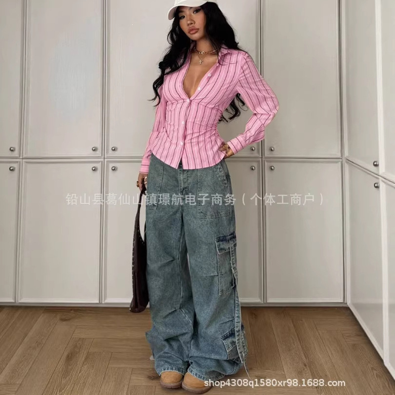 Cross-Border Amazon Best-Selling American Retro Striped Shirt for Women, Spring and Autumn Slim-Fit Collared Long-Sleeve Trendy Top Cross-Border Amazon Best-Selling American Retro Striped Shirt for Women, Spring and Autumn Slim-Fit Collared Long-Sleeve Trendy Top