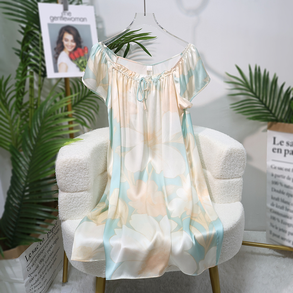25 여름 패션 인쇄 실크 잠옷 짧은 소매 얇은 항주 누에 실크 홈 원피스 잠옷 느슨한