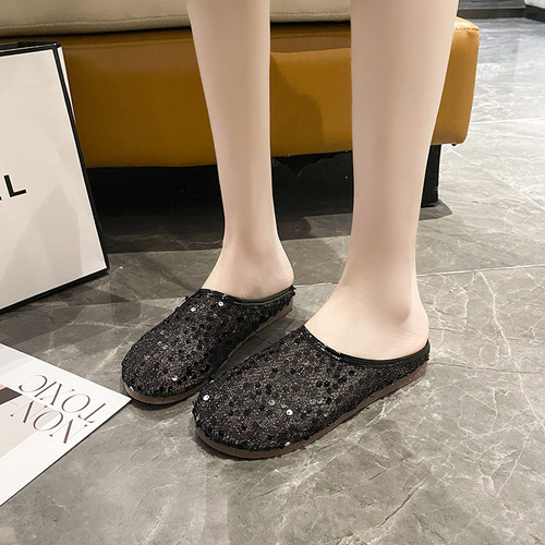 Fashionable sequins, slip-on, half-slippers, women's summer wear, new style, flat skirt, beautiful temperament sandals