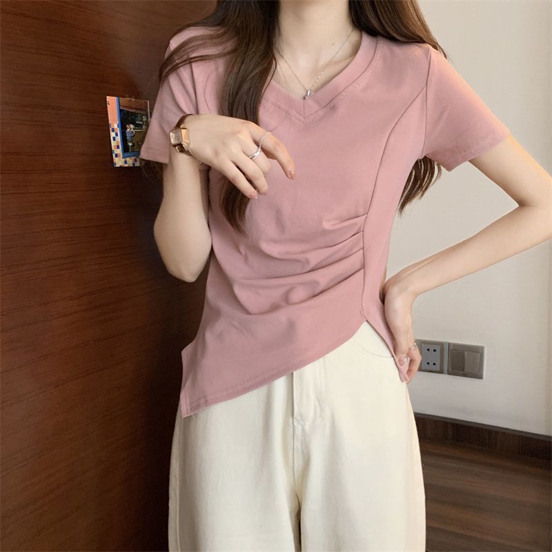 Sentido del diseño de la camiseta de manga corta de nicho para mujer verano nuevo estilo suelto y delgado de gran tamaño puro estilo abierto camisa de fondo