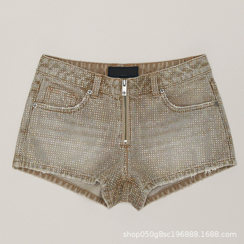 Low-Waist Denim Shorts (SK Wilderness), Handmade diamond-studded, straight cut — Summer 25
