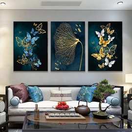 简约现代单幅蓝底金色蝴蝶画 喷绘画 轻奢背景墙装饰画挂画油画