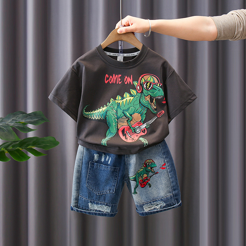 7187 Traje de verano para niños Pantalones cortos de mezclilla de manga corta con estampado de letras para niños Traje de dos piezas Moda de verano para bebés