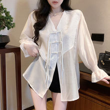 新中式国风复古盘扣气质设计感雪纺衬衫女生夏中长款V领显瘦上衣
